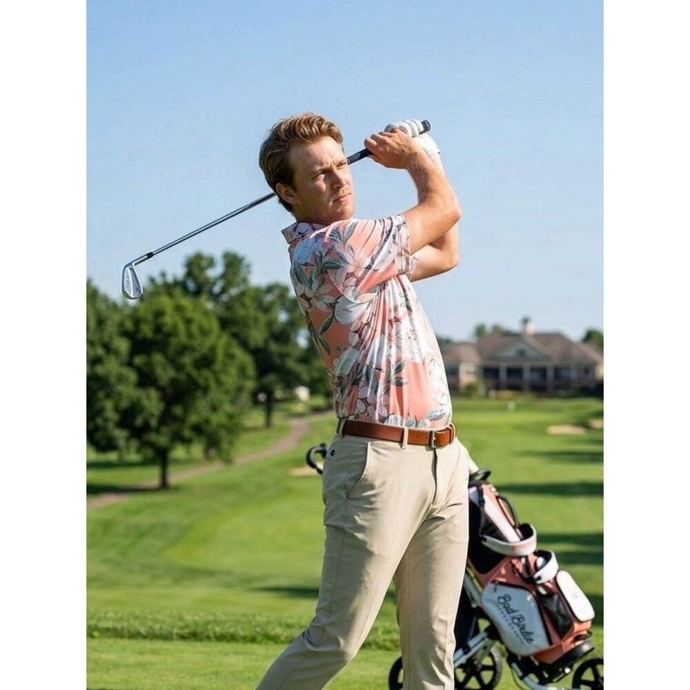 Bad Birdie Golf Shirt Mens XL Pink White Floral Peony Polo Performance Stretch